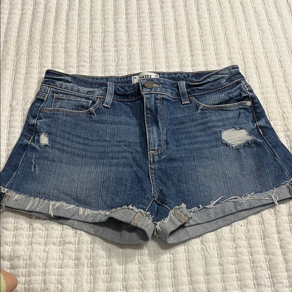 PAIGE Distressed Blue Jean Shorts